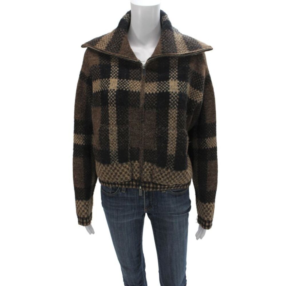 Zara Women Bomber Jacket Plaid Brown Cowl Neck Zip Long Sleeve Size S